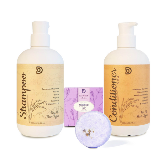 Hair Care Set - Shampoo/Conditioner & Hair Bar soap - Rice Water Ferment