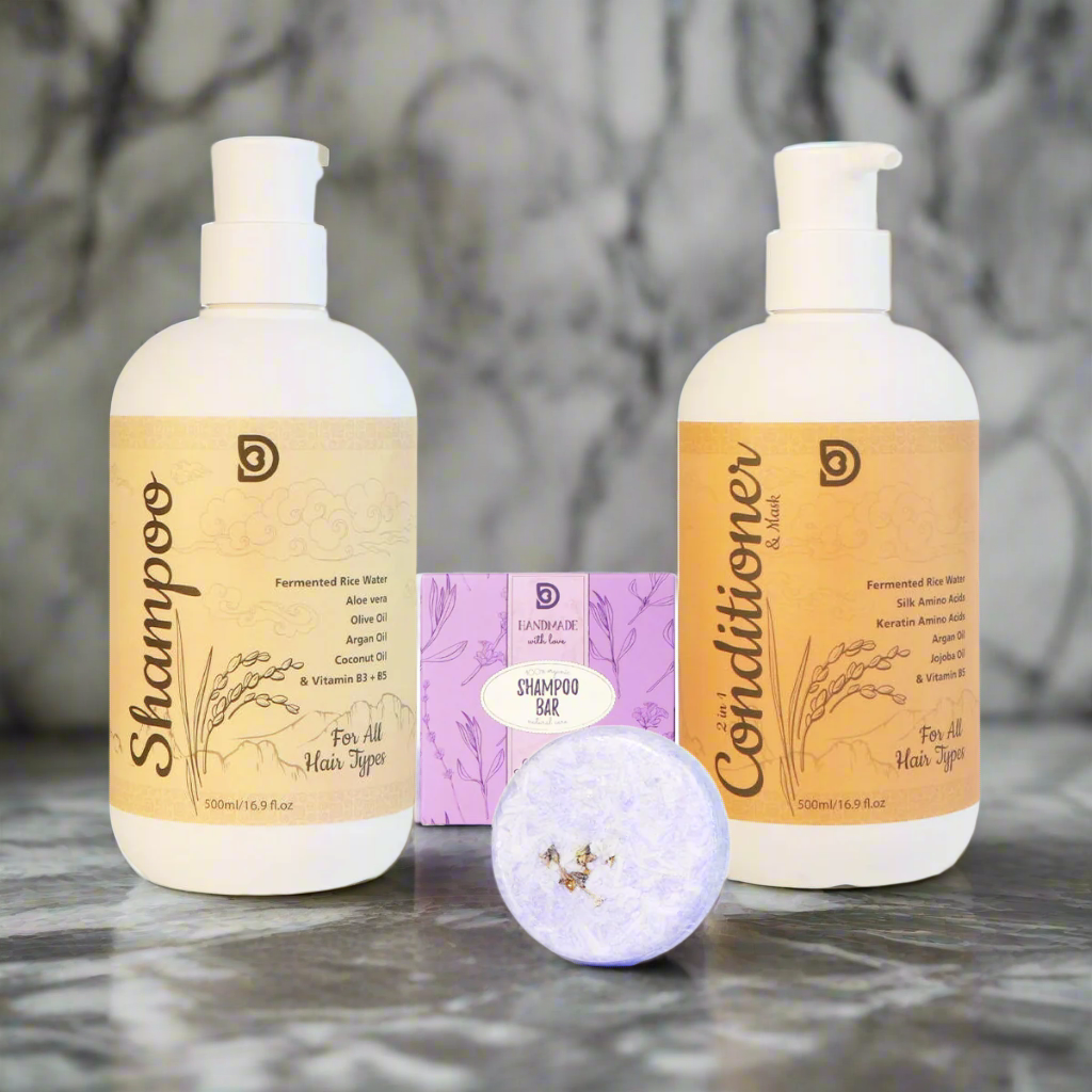 Hair Care Set - Shampoo/Conditioner & Hair Bar soap - Rice Water Ferment